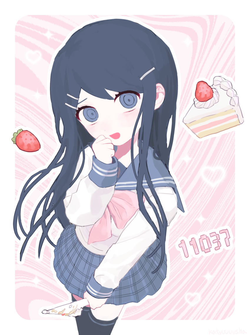 1girl, :d, black_thighhighs, blue_sailor_collar, blue_skirt, bow, bowtie, cake