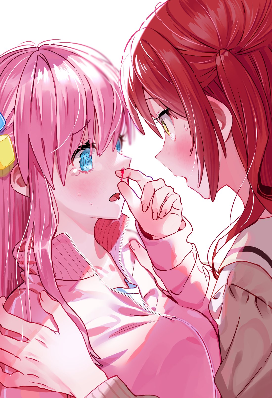 2girls, blood, blue_eyes, blush, bocchi_the_rock!, brown_shirt, cube_hair_ornament, finger_to_own_nose