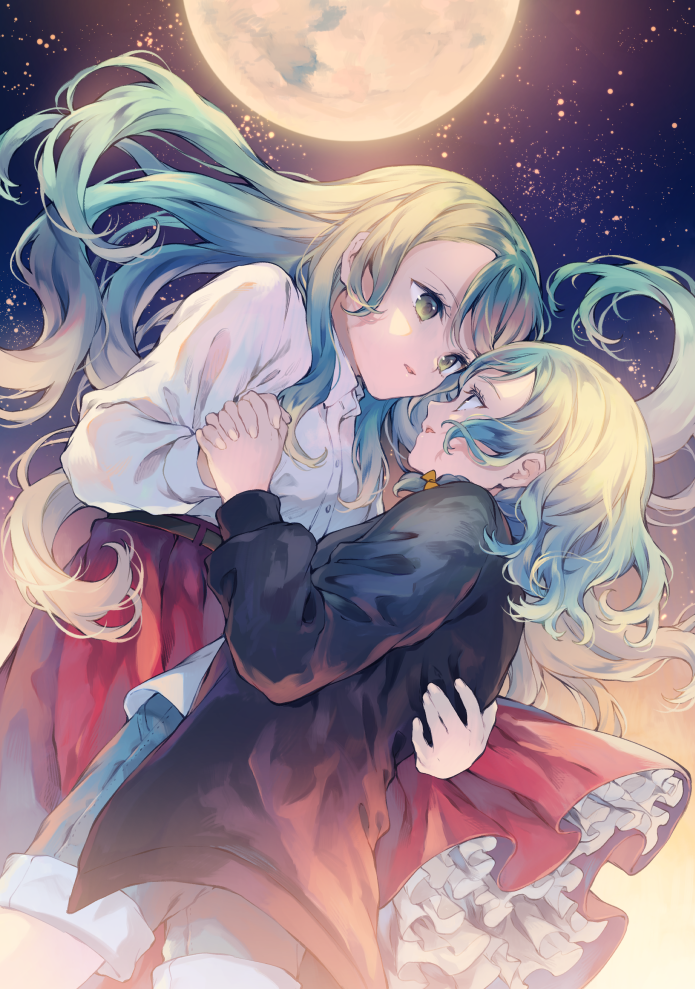 2girls, aqua_hair, bang_dream!, black_jacket, braid, cutoff_jeans, cutoffs, floating_hair, frilled_skirt, frills, green_eyes, hand_on_another's_back, hikawa_hina, hikawa_sayo, holding_hands, imminent_kiss, incest, interlocked_fingers, jacket, long_hair, looking_at_another, medium_hair, moon_background, multiple_girls, open_mouth, red_skirt, shirt, siblings, sisters, skirt, starry_background, tamaki_iori, twincest, twins, white_shirt, yuri