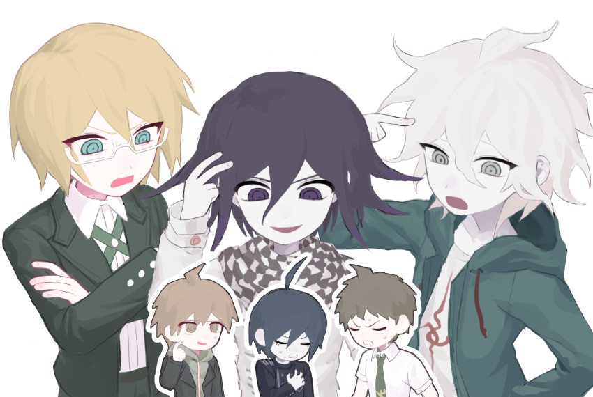 6+boys, :d, ahoge, annoyed, black_hair, black_jacket, blonde_hair, brown_hair
