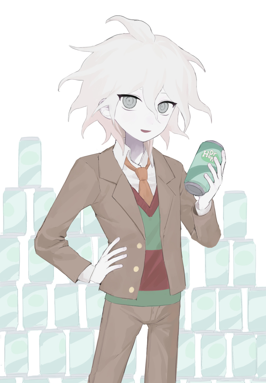 1boy, :d, brown_pants, can, danganronpa_(series), danganronpa_3_(anime), grey_hair, hand_on_own_hip