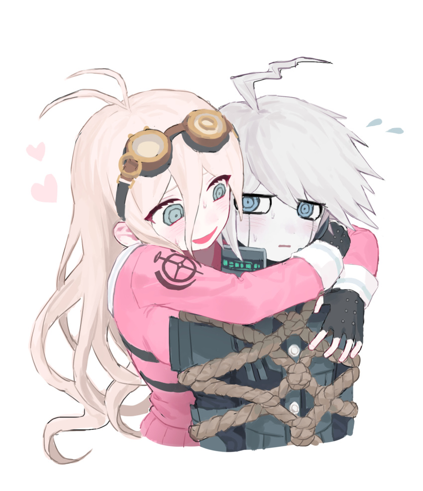 1boy, 1girl, android, antenna_hair, bdsm, black_gloves, blush, bondage
