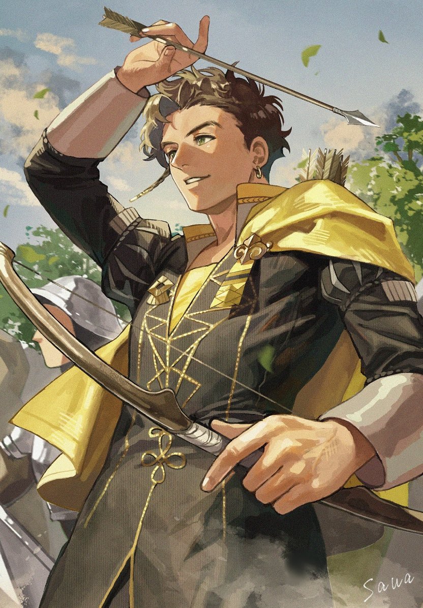 2boys, arrow_(projectile), artist_name, black_coat, blue_sky, bow_(weapon), brown_hair, cape
