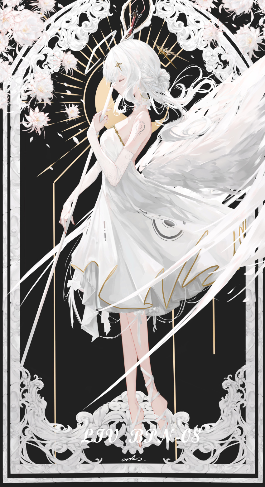 1girl, absurdres, angel_wings, anko_(renzao19823), backless_dress, backless_outfit, bare_back, bare_legs