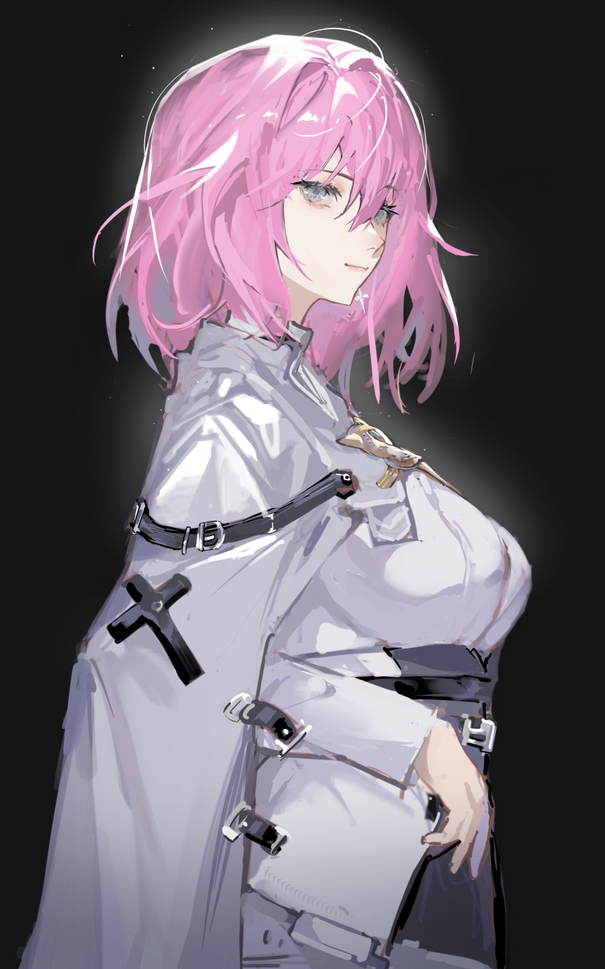1girl, absurdres, belt, black_background, black_corset, breasts, brooch, bukeranshao_laji