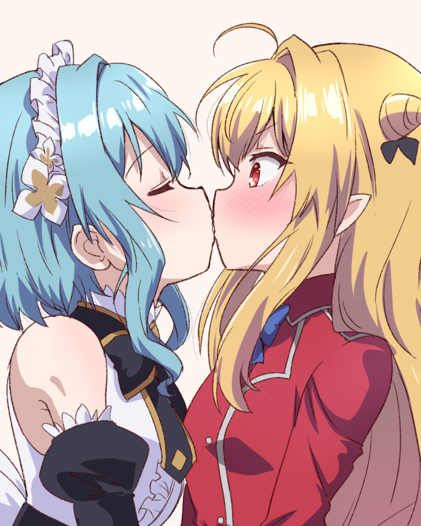 2girls, ahoge, black_ribbon, blonde_hair, blue_bow, blue_bowtie, blue_hair, bow, bowtie, closed_eyes, cone_hair_bun, detached_sleeves, dress, frills, hair_between_eyes, hair_bun, highres, hikikomari_kyuuketsuki_no_monmon, kiss, long_hair, long_sleeves, maid, maid_headdress, mukaibi_aoi, multiple_girls, neck_ribbon, puffy_detached_sleeves, puffy_sleeves, red_eyes, red_uniform, ribbon, short_hair, sidelocks, terakomari_gandezblood, villhaze, white_dress, yuri