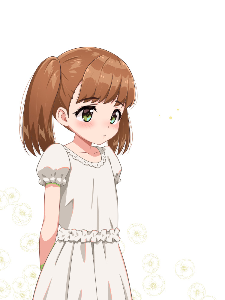 1girl, arms_behind_back, blush, child, closed_mouth, dress, floral_background, flower