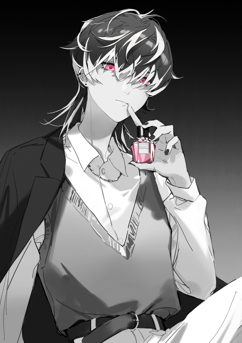 1boy, absurdres, belt, black_background, black_belt, black_hair, black_jacket, bottle