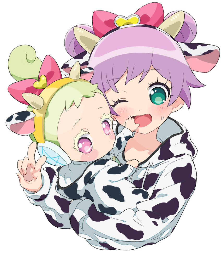 2girls, ;d, aged_down, animal_costume, animal_ears, animal_print, aqua_eyes, baby