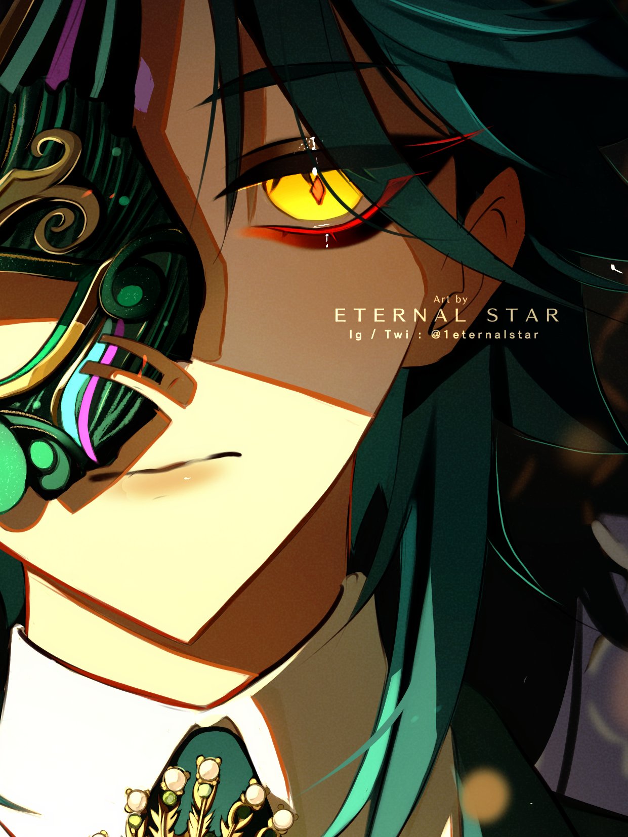 1boy, 1eternalstar, artist_name, ascot, black_background, closed_mouth, expressionless, eyelashes, genshin_impact, green_ascot, green_hair, highres, instagram_username, male_focus, mask, multicolored_hair, one_eye_covered, red_eyeliner, shirt, solo, twitter_username, white_shirt, xiao_(genshin_impact)