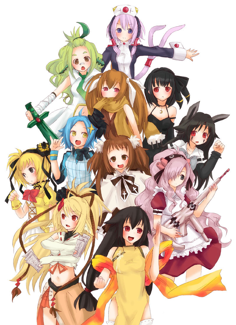 :d, ahoge, ampharos, animal_ears, annotated, apron, bandages, bare_shoulders