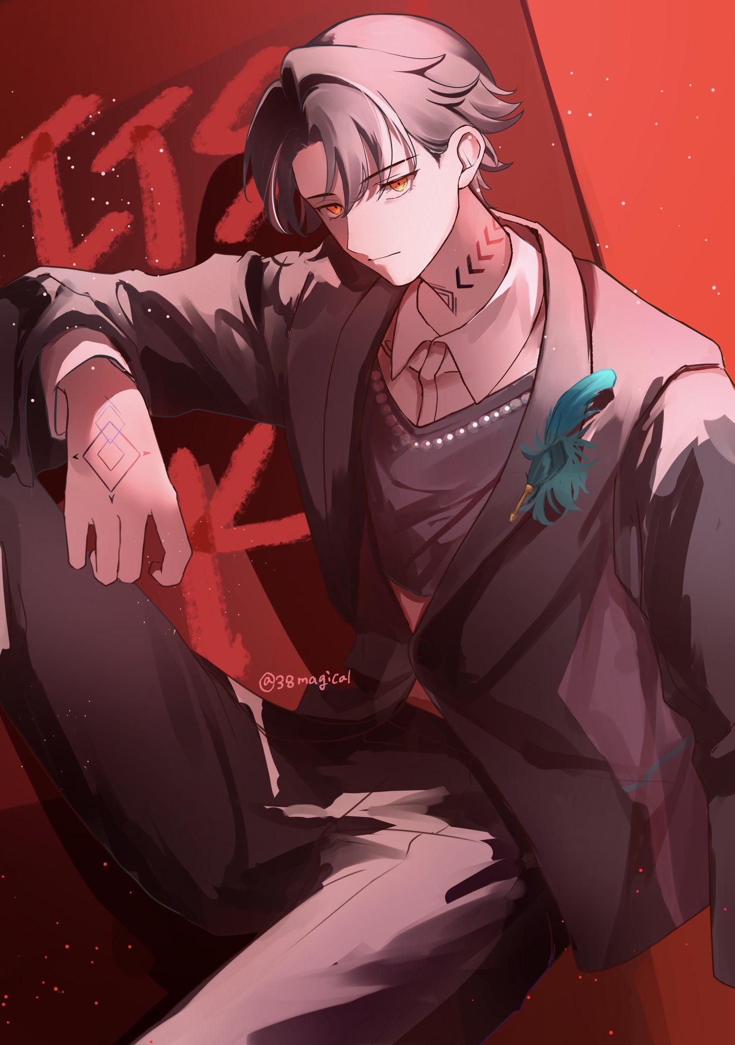 1boy, black_hair, black_jacket, black_pants, character_name, closed_mouth, collared_shirt, expressionless, grey_vest, hand_tattoo, highres, itsuki_(paradox_live), jacket, male_focus, miya_(38magical), multicolored_background, multicolored_hair, neck_tattoo, orange_eyes, pants, paradox_live, phantometal_(paradox_live), red_background, shirt, short_hair, solo, tattoo, twitter_username, unworn_eyewear, vest, white_hair, white_shirt