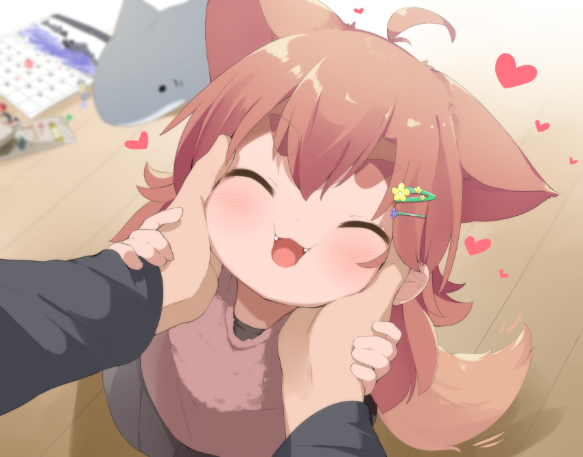 1boy, 1girl, :d, ^_^, ahoge, animal_ears, black_skirt, blue_flower