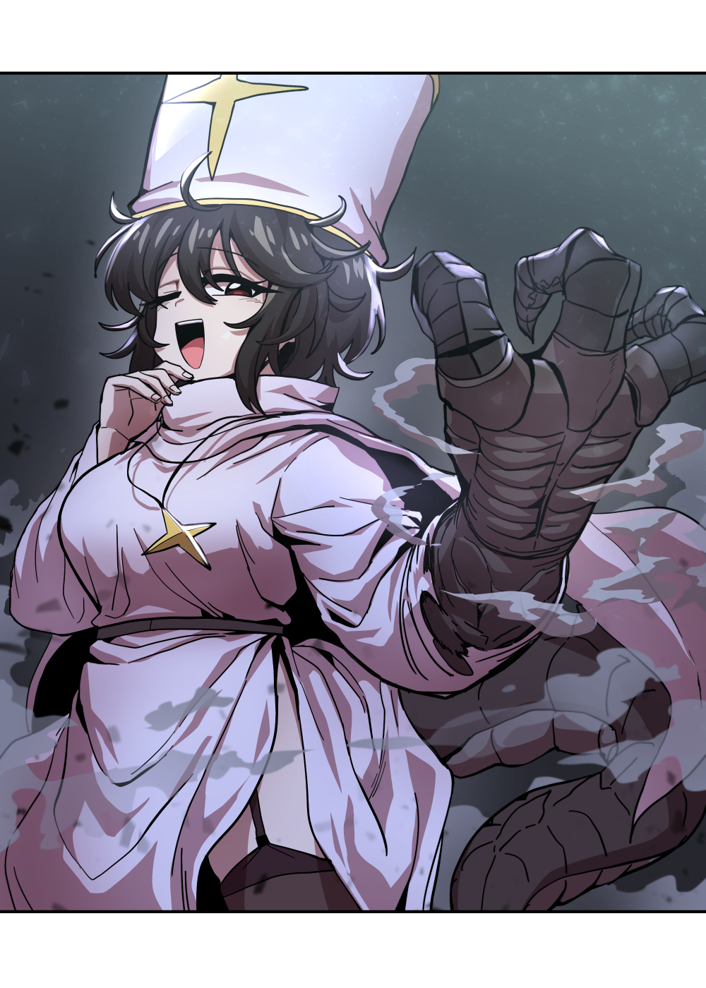 1girl, black_hair, breasts, claws, cleric, gggoturi, highres, one_eye_closed