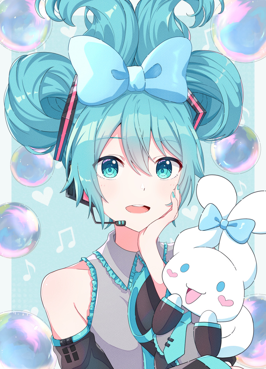 1girl, 1other, absurdres, aqua_background, aqua_bow, aqua_eyes, aqua_hair, aqua_nails, aqua_necktie, bare_shoulders, black_sleeves, borrowed_hairstyle, bow, bubble, cinnamiku, cinnamoroll, cosplay, creature, detached_sleeves, ear_bow, folded_twintails, hair_bow, hand_on_own_face, hatsune_miku, hatsune_miku_(cosplay), headphones, headset, highres, holding, holding_creature, itogari, looking_at_viewer, necktie, open_mouth, sanrio, shirt, sleeveless, sleeveless_shirt, soap_bubbles, tie_clip, two-tone_background, upper_body, vocaloid, white_background