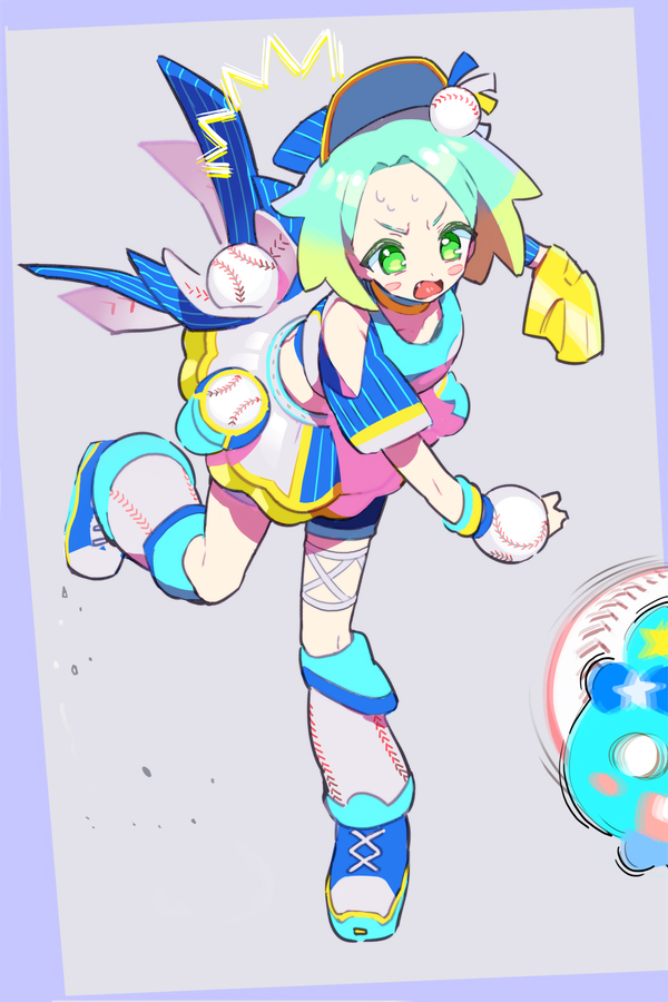 1girl, arm_warmers, baseball, blue_footwear, blush, chuppe, clothing_cutout, commentary_request, cropped_shirt, fang, frown, full_body, green_eyes, green_hair, grey_background, idol_time_pripara, leaning_forward, midriff, moudoku_(decopon3rd), nijiiro_nino, open_mouth, pretty_(series), pripara, shirt, shoes, short_hair, short_sleeves, shoulder_cutout, skirt, sneakers, standing, standing_on_one_leg, sweatdrop, throwing, v-shaped_eyebrows