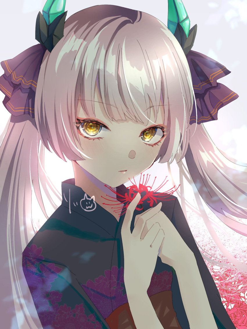 1girl, blunt_bangs, floral_print, flower, hair_ribbon, heaven_burns_red, highres, horns