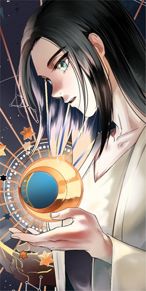 1girl, black_hair, blue_eyes, crescent_moon, forehead, frieda_reiss, from_side, head_tilt