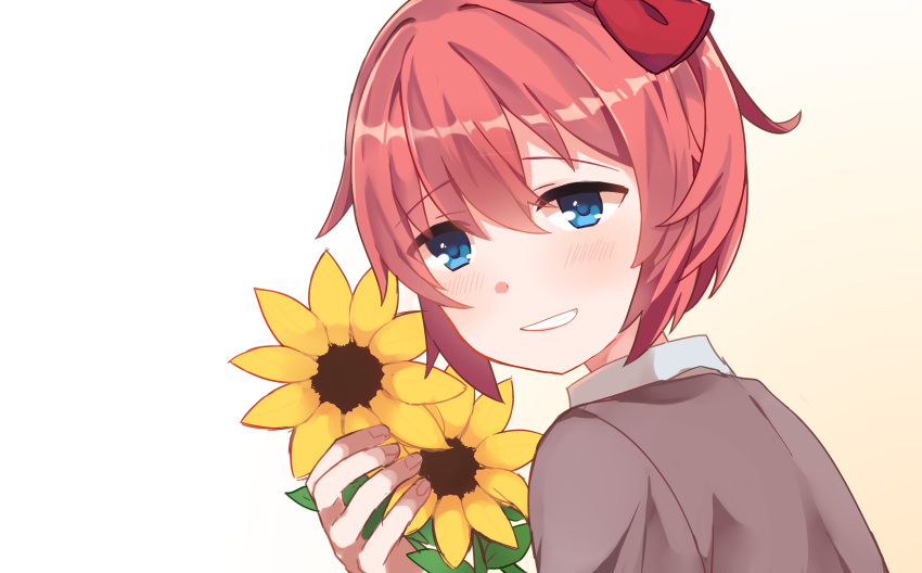 1girl, blazer, blue_eyes, bluesky021, brown_jacket, doki_doki_literature_club, flower, highres, jacket, light_blush, looking_at_another, red_ribbon, redhead, ribbon, sayori_(doki_doki_literature_club), short_hair, smile, solo, sunflower, teeth