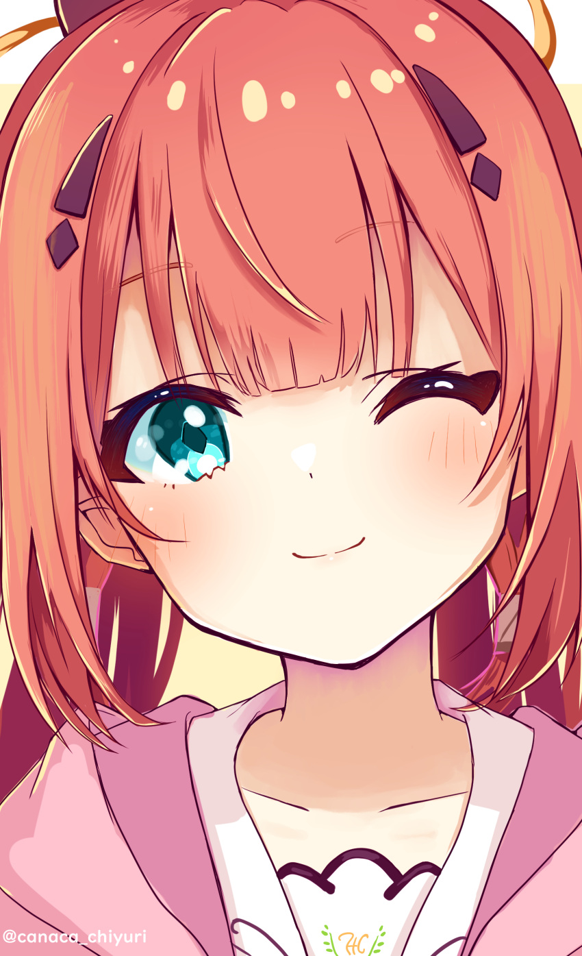 1girl, ;), absurdres, aqua_eyes, blunt_bangs, blush, canaca_chiyuri, center-flap_bangs