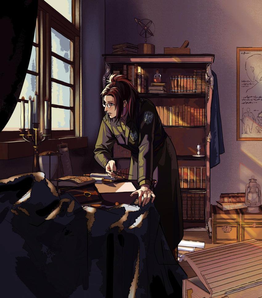 1other, aquiline_nose, brown_hair, coat, desk, eyepatch, feet_out_of_frame, glasses, hange_zoe, highres, indoors, leaning_forward, looking_ahead, looking_outside, no5frontiers, other_focus, ponytail, shingeki_no_kyojin, solo, sunlight, survey_corps_(emblem)