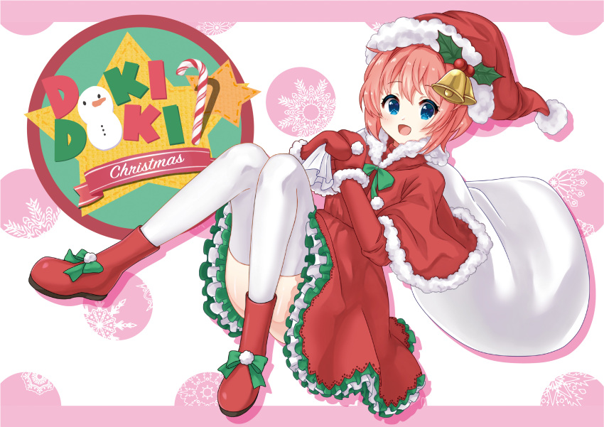 1girl, absurdres, bell, blue_eyes, boots, christmas, doki_doki_literature_club, dress, frilled_dress, frills, gloves, hat, highres, holding, holding_sack, jingle_bell, looking_at_viewer, open_mouth, redhead, sack, santa_boots, santa_costume, santa_dress, santa_gloves, santa_hat, sayori_(doki_doki_literature_club), short_hair, solo, thigh-highs, thousand_(sentyuu89), white_thighhighs