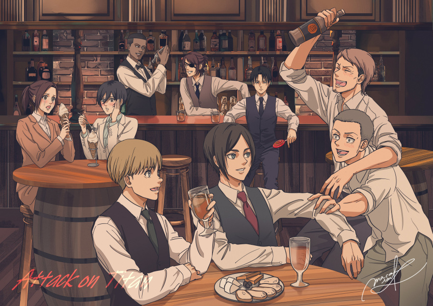 1other, 2girls, 6+boys, absurdres, armin_arlert, bar_(place), bartender, black_eyes