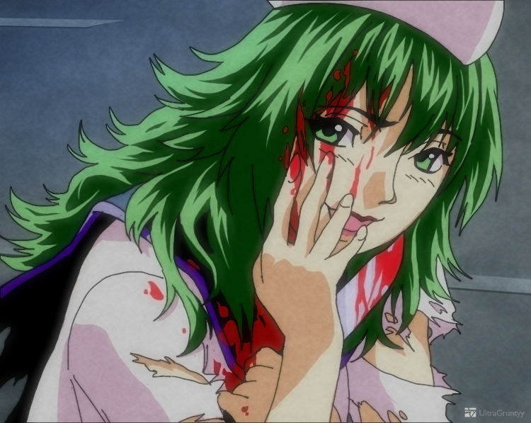 1990s_(style), 1girl, blood, blood_on_clothes, blood_on_face, blood_on_hands, blue_sailor_collar, green_eyes, green_hair, highly_responsive_to_prayers, kirigoe_mima, long_hair, mima_(touhou), name_connection, perfect_blue, retro_artstyle, sailor_collar, solo, torn_clothes, touhou, touhou_(pc-98), ultragruntyy, white_headwear