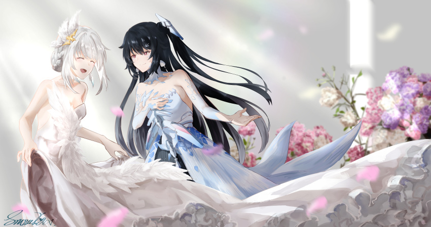 2girls, absurdres, black_hair, blue_dress, braid, detached_collar, detached_sleeves, dress