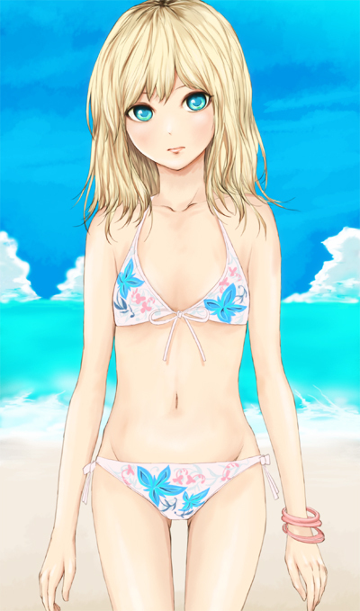 bikini, blonde_hair, blue_eyes, flat_chest, floral_print, original, saijou_hirokazu, short_hair