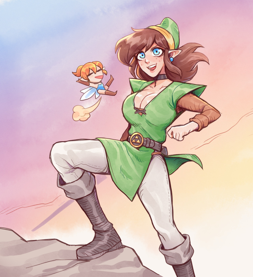 absurdres, blue_eyes, breasts, brellom, brown_hair, fairy, fairy_wings, genderswap, highres, jewelry, large_breasts, link, link_(shounen_captain), pointy_ears, the_legend_of_zelda, wings