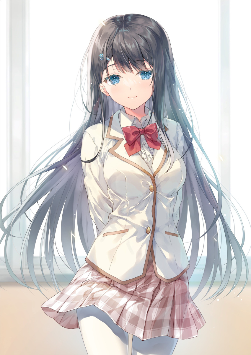 1girl, absurdres, aqua_eyes, arms_behind_back, black_hair, bow, bowtie, closed_mouth, collar, collared_shirt, floating_hair, hair_ornament, hairclip, highres, long_hair, looking_at_viewer, miwabe_sakura, novel_illustration, official_art, pantyhose, red_bow, red_bowtie, saijo_no_osewa, school_uniform, shirt, skirt, smile, solo, standing, striped, striped_skirt, suminoe_chika, white_collar, white_pantyhose, white_shirt