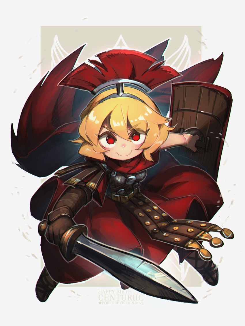 1girl, absurdres, armor, blonde_hair, borrowed_character, brown_gloves, cape, centurii-chan