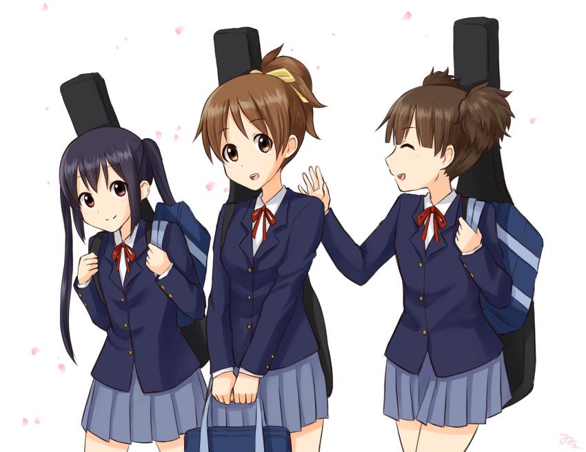 3girls, bag, black_hair, blazer, blue_jacket, brown_eyes, brown_hair, cherry_blossoms