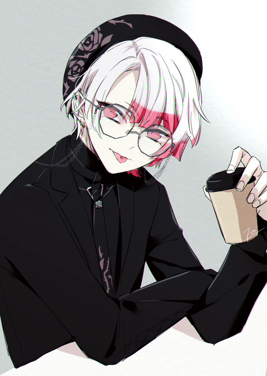 1boy, akuma_shitsuji_to_kuroi_neko, ammon_lead, beret, black_jacket, black_necktie, black_shirt, coffee_cup, cup, disposable_cup, farico, floral_print, glasses, grey_background, hat, highres, holding, holding_cup, jacket, male_focus, multicolored_hair, necktie, pink_eyes, pink_hair, shirt, short_hair, sitting, solo, tongue, tongue_out, turtleneck, white_hair