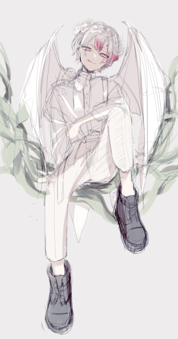 1boy, akuma_shitsuji_to_kuroi_neko, ammon_lead, angel, angel_wings, boots, bow, cape, farico, feathered_wings, grey_background, looking_at_viewer, male_focus, multicolored_hair, pink_eyes, pink_hair, shirt, short_hair, sitting, sketch, solo, tongue, tongue_out, white_hair, wings