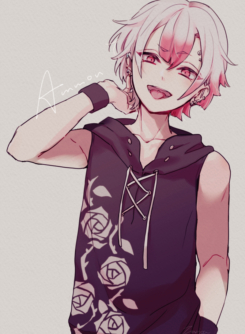 1boy, akuma_shitsuji_to_kuroi_neko, ammon_lead, black_shirt, brown_background, character_name, earrings, farico