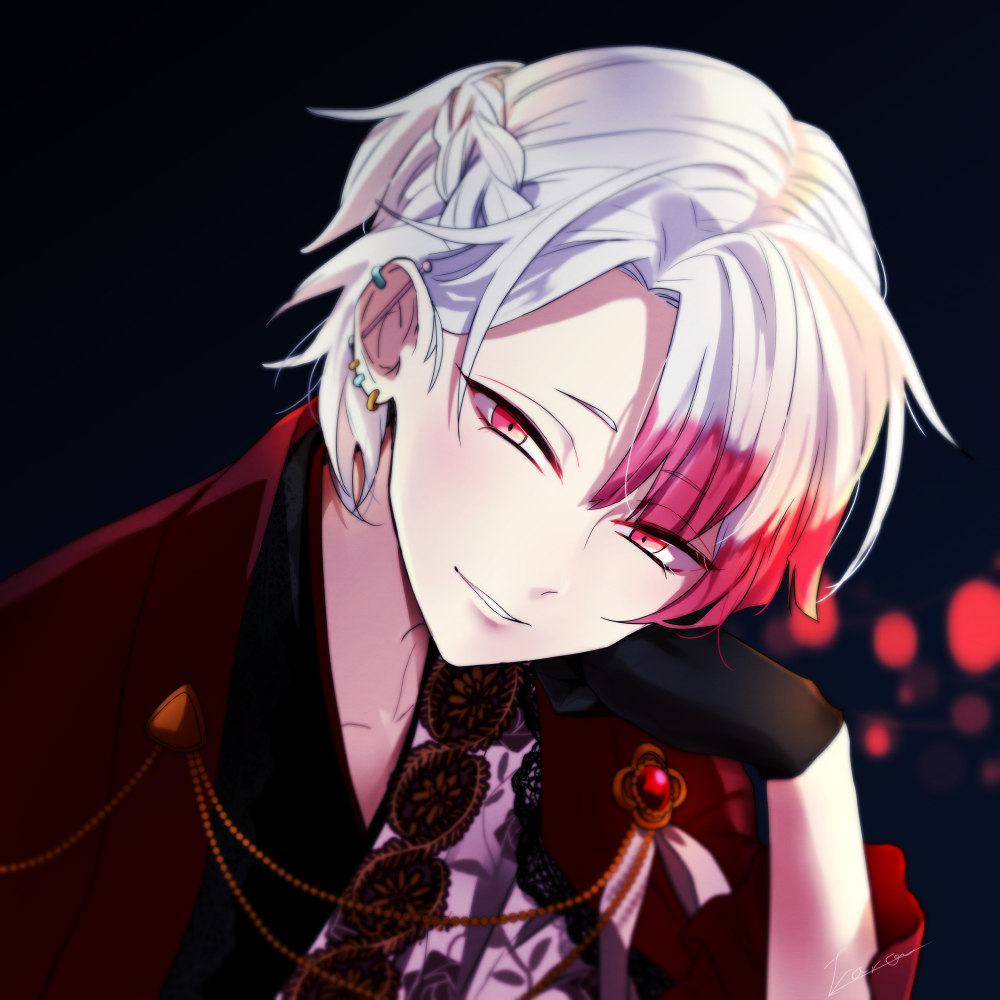 1boy, akuma_shitsuji_to_kuroi_neko, ammon_lead, black_background, black_gloves, black_kimono, braid, cape