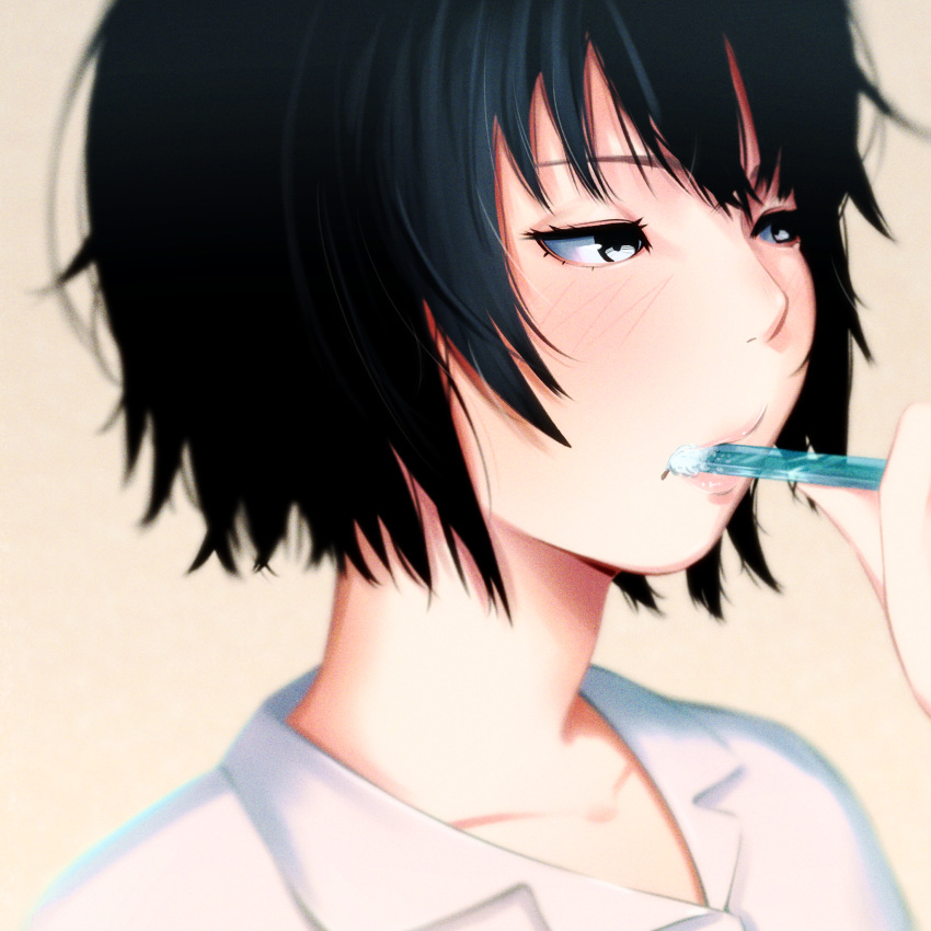 1girl, amagami, black_hair, blurry, blush, brushing_teeth, close-up, collarbone