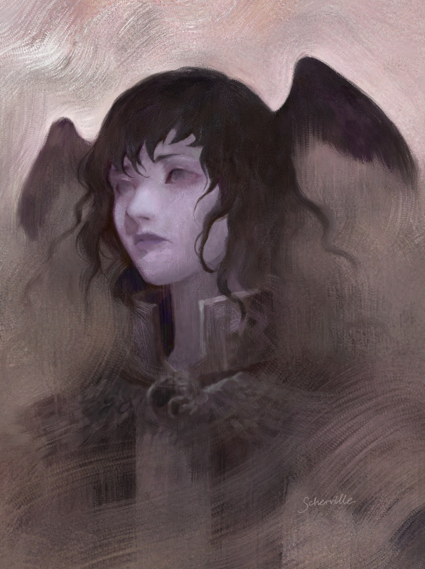 1girl, artist_name, bird_wings, black_eyes, black_hair, brown_background, commentary, expressionless