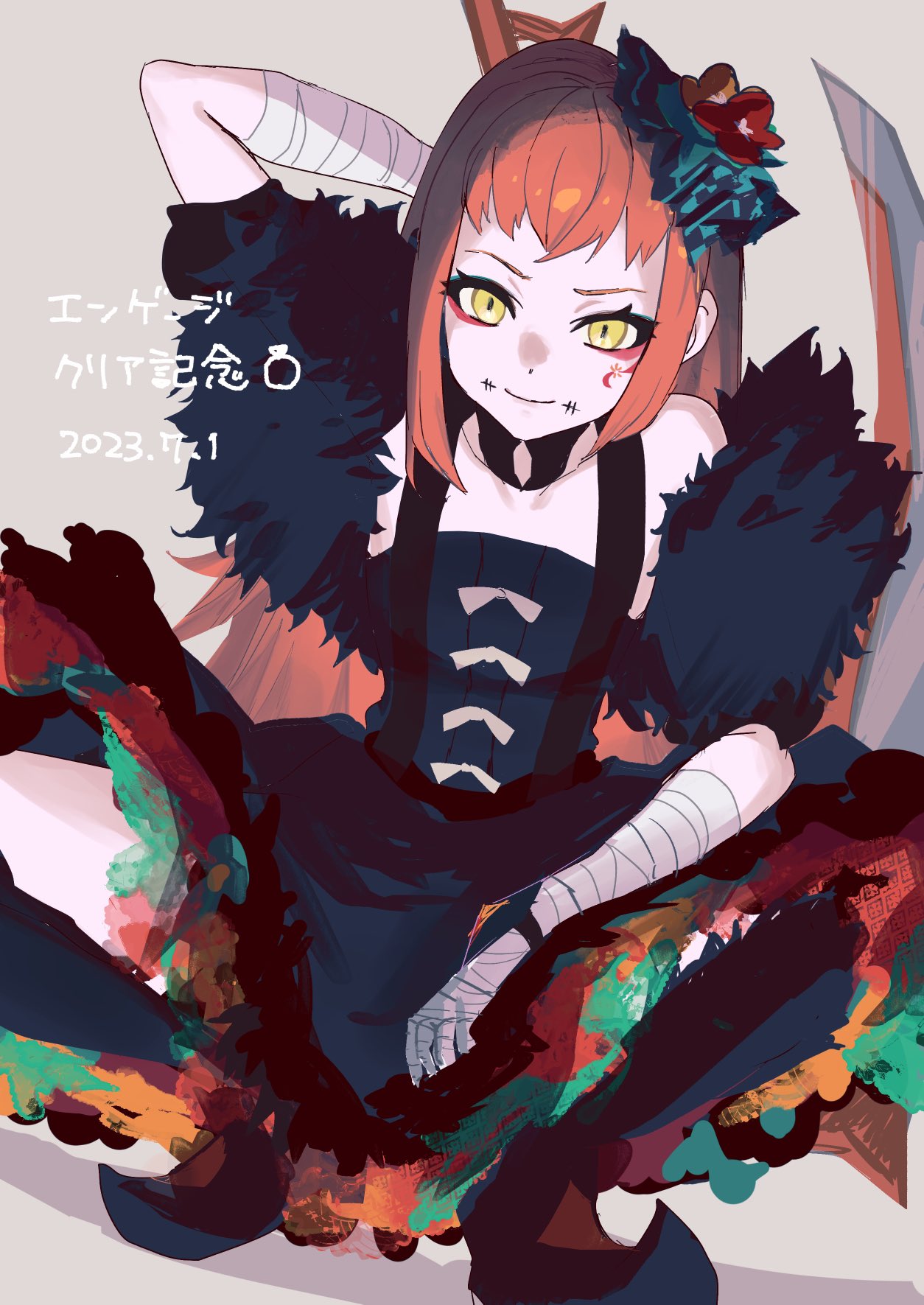 1girl, axe, bandaged_arm, bandages, bare_shoulders, black_dress, blue_eyeshadow, bow