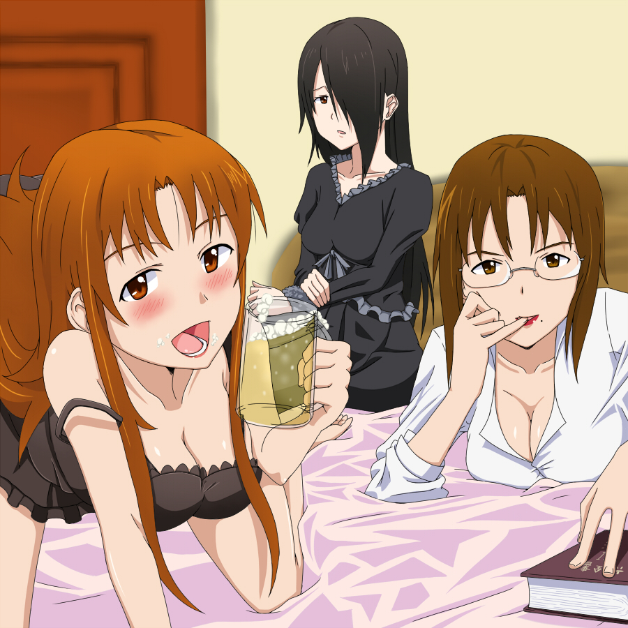 beer, black_hair, blush, book, breasts, brown_hair, drunk, glasses