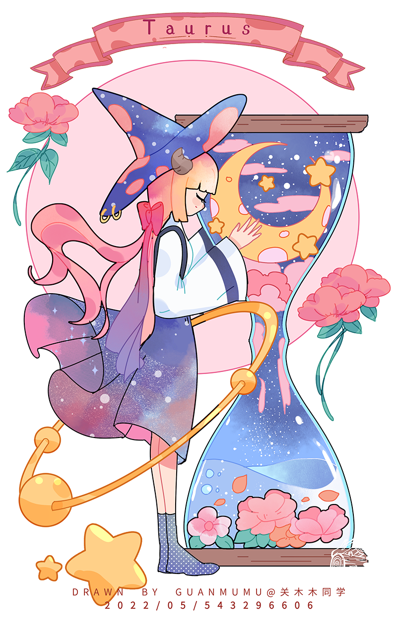1girl, artist_name, banner, blue_bow, blue_dress, blue_headwear, blunt_bangs, blush_stickers