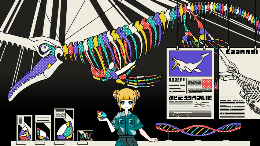 1girl, animal_skeleton, aqua_eyes, aqua_shirt, blonde_hair, blunt_bangs, breast_pocket, closed_mouth, collared_shirt, colored_skin, colorful, commentary_request, dinosaur, dinosaur_skeleton, display_case, dna, double_bun, double_helix, hair_bun, hand_up, highres, holding, holding_rock, indoors, light_rays, looking_at_viewer, machigami_yoh, mosasaurus, museum, original, pocket, rock, shirt, short_hair, short_sleeves, sidelocks, sign, smile, solo, standing, straight-on, uniform, upper_body, white_skin, wide_shot