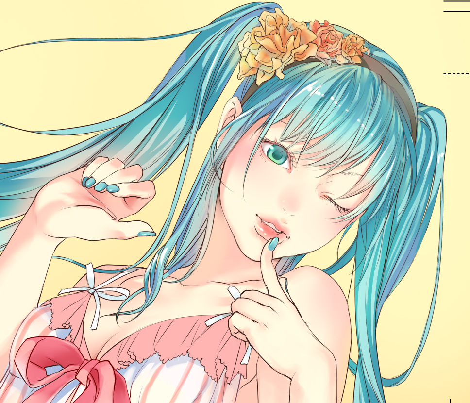 aqua_eyes, aqua_hair, face, flower, hair_flower, hair_ornament, hairband, hands
