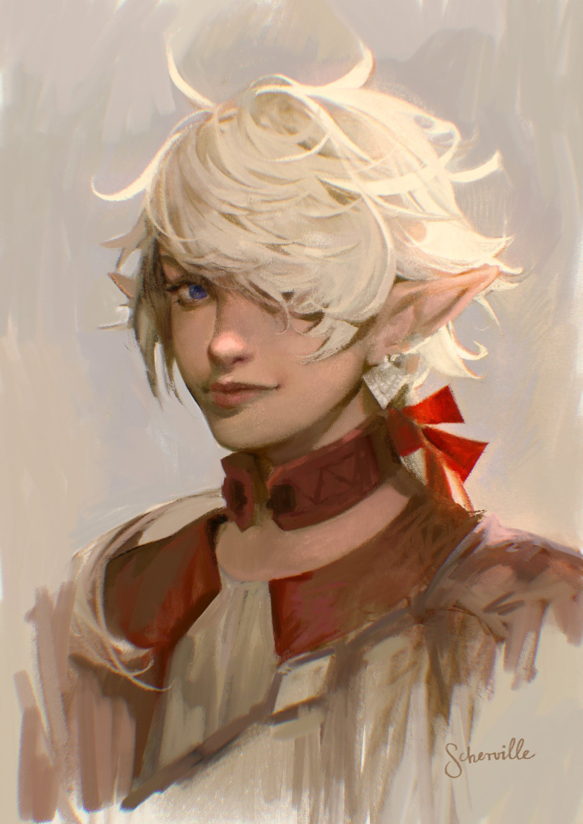 1girl, alisaie_leveilleur, artist_name, blue_eyes, brown_background, commentary, detached_collar, earclip