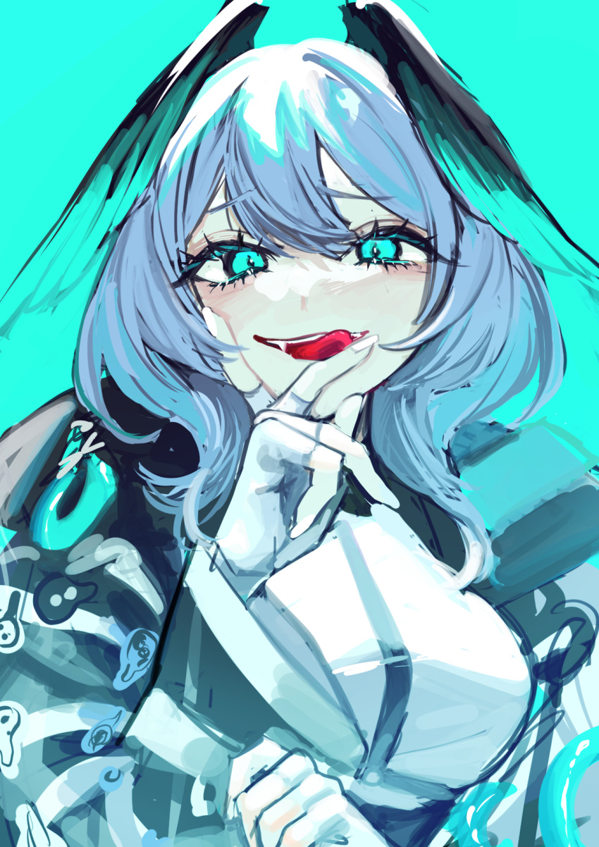 1girl, aizuki_sui, arknights, blue_background, blue_eyes, breasts, commentary_request, fingerless_gloves