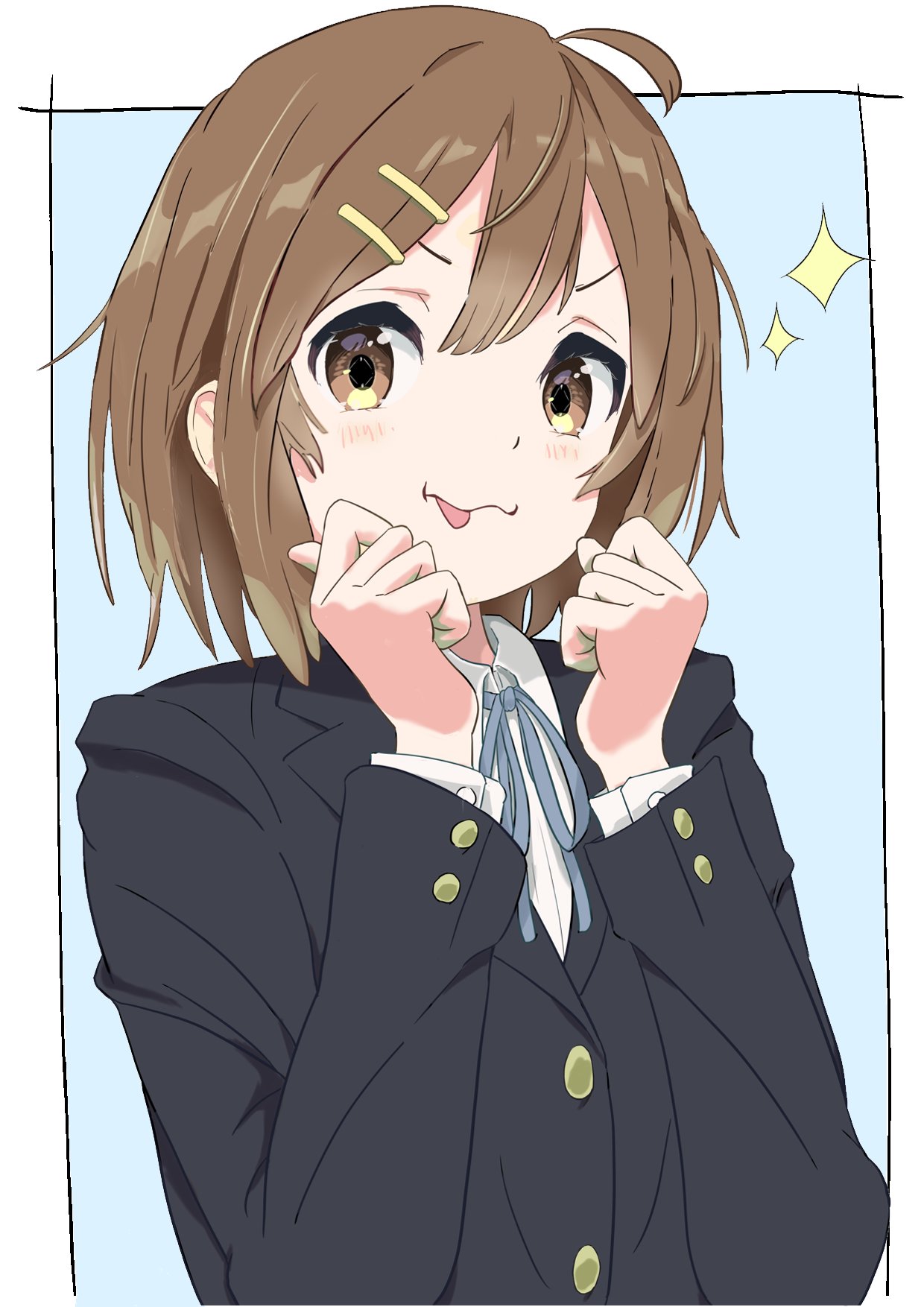 1girl, :p, ahoge, black_jacket, blazer, blue_background, blue_ribbon, border