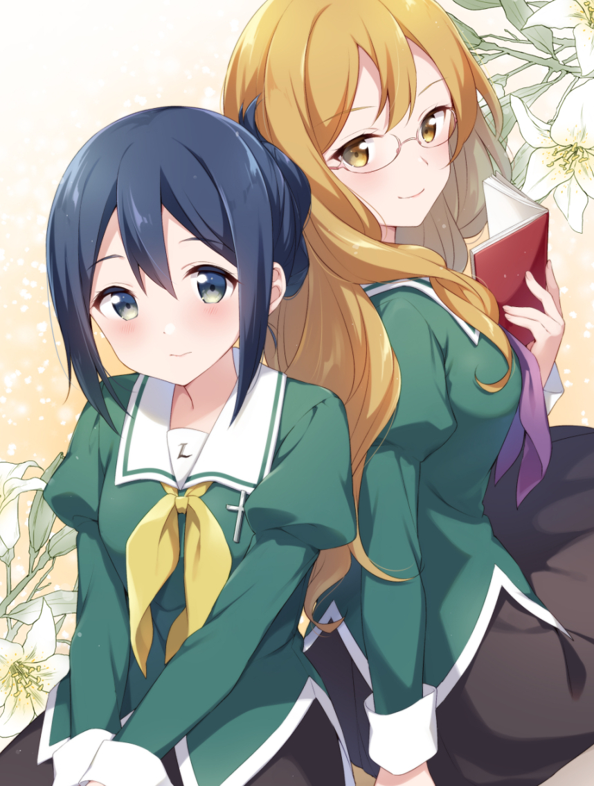 2girls, black_skirt, blonde_hair, blue_eyes, blue_hair, chibana_sumika, floral_background, flower