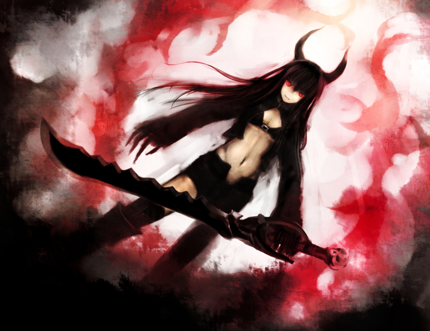 bikini_top, black_gold_saw, black_hair, black_rock_shooter, boots, highres, horns, long_hair